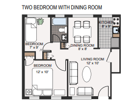 Floor plan for 2 beds, 1 bath, 531 sqft